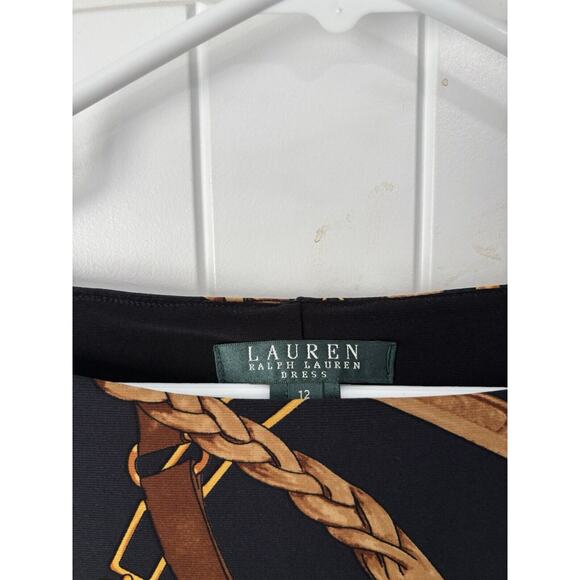 L AUREN RALPH LAUREN Black Gold Chain Link Jersey Dress Boat Neck Pullover Sz 12 - Picture 2 of 3